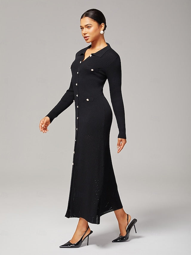 Women's Elegant Black Knit Maxi Dress