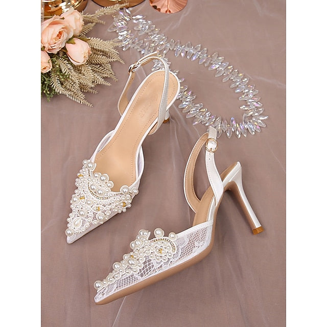 Pearl-Embellished Slingback White Pointed-Toe Kitten Heel with