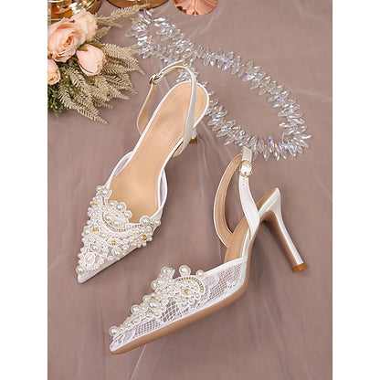 Pearl-Embellished Slingback White Pointed-Toe Kitten Heel with