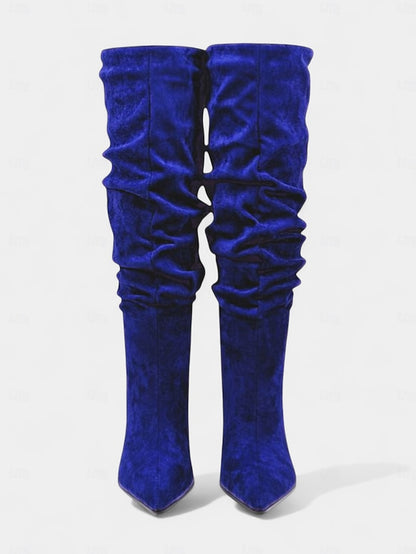 Women's Boots Pointed Velvet Slouch Knee - High Green Toe