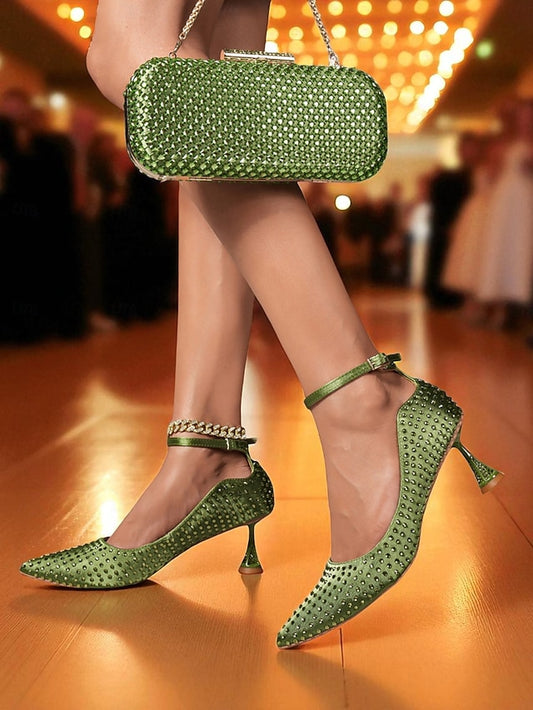 Clutch Bag Matching Women's Green and Heels Rhinestone Set