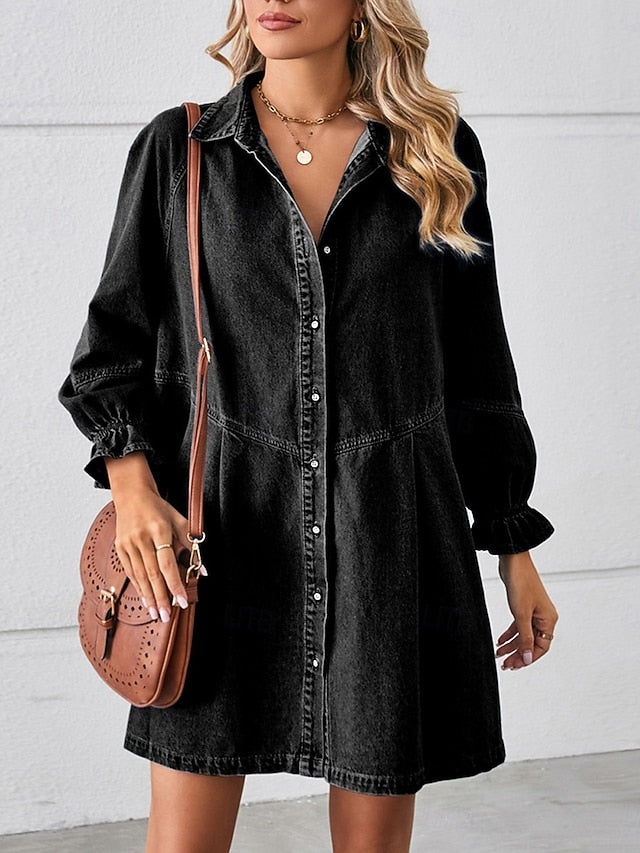 Women's Denim Dress Mini Dress Button Casual Shirt Collar