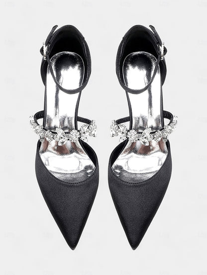 - Embellishments Rhinestone Satin Heels Black Women's with