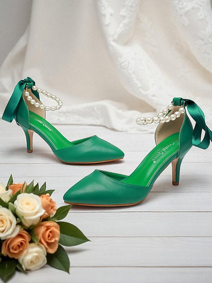 Ankle with Strap Bow Women's Pearl Heel - Kitten Pumps Blue