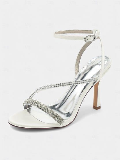 Satin Sophisticated Champagne – Rhinestone Strappy Heels