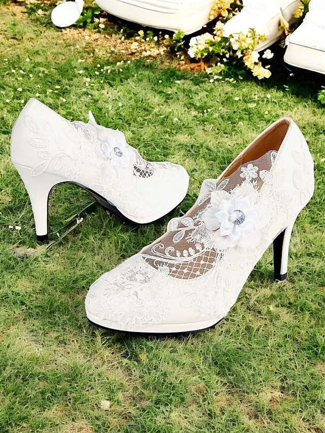 – White Floral Embellishments Lace with High Heel Bridal Shoes