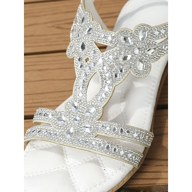 Flat Sandals Silver Women's – T-Strap Rhinestone Boho