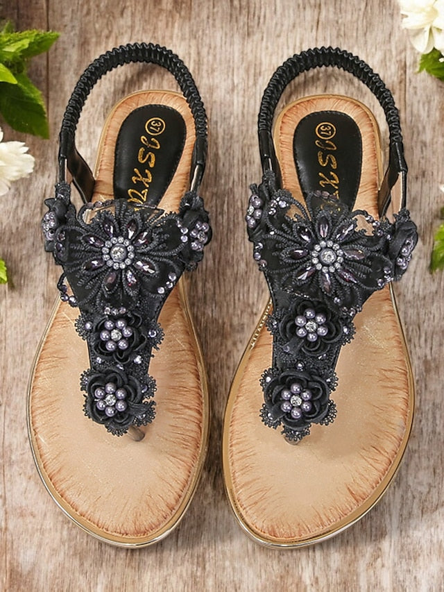 Women's T-Strap Lace Sandals Floral Embellished Pink –