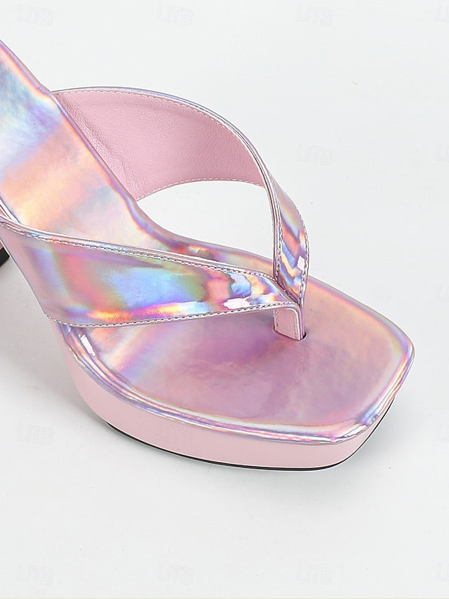 Iridescent Chunky Women's Heels Open-Toe with Pink Block