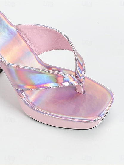 Iridescent Chunky Women's Heels Open-Toe with Pink Block