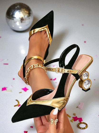 Pumps and Women's Black Mid Pointed Gold Slingback - Toe