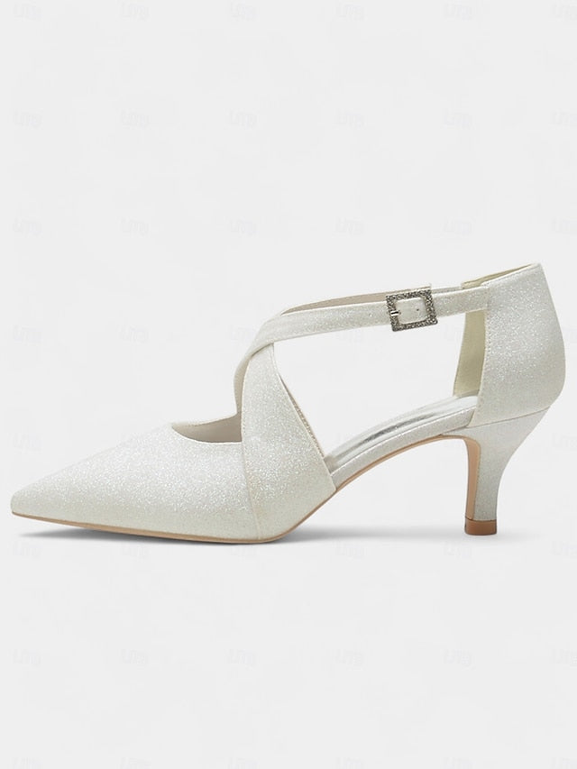 Glitter Cross Heels Rhinestone with Buckle Kitten White Strap