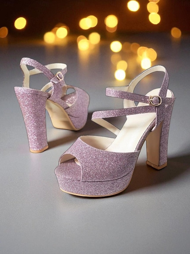 Strap Heel Sandals Platform Ankle High with Glitter Women's