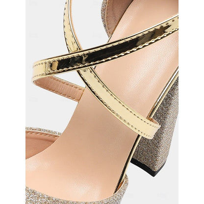 High Strap Sandals Glitter with Heel Ankle Platform Women's