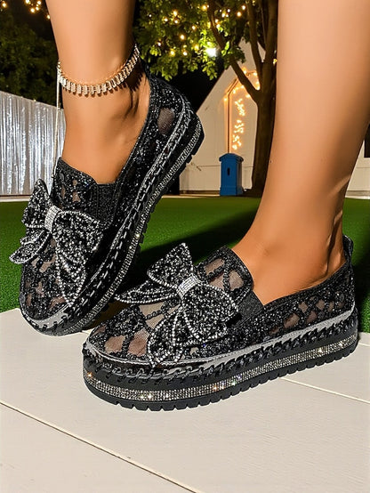 Women's Rhinestone Bow Lace with Slip-On Black Shoes