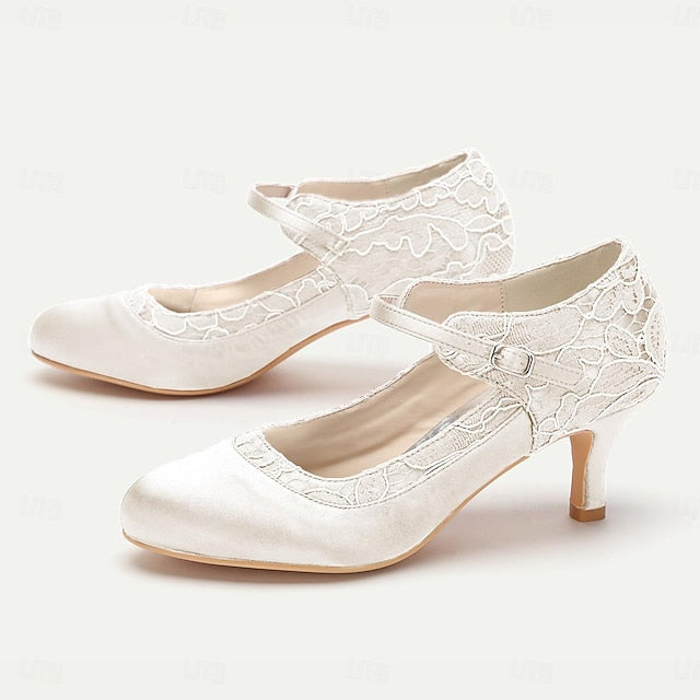 Mid-Heel Women's Comfortable - Lace Satin Heels Red Elegant