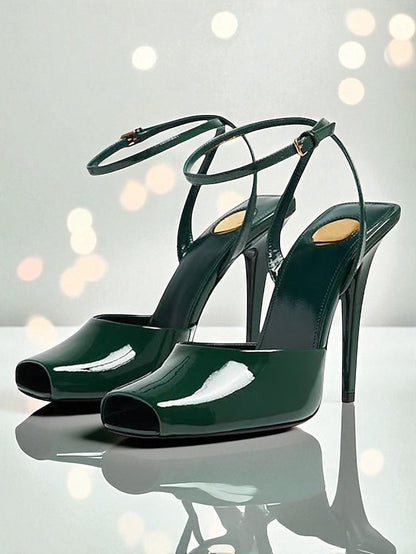 Peep Women's Leather Green Toe - Dark Patent High Heels