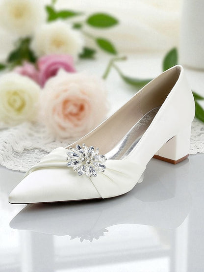 Block Heel Pumps with Crystal Low White Women's