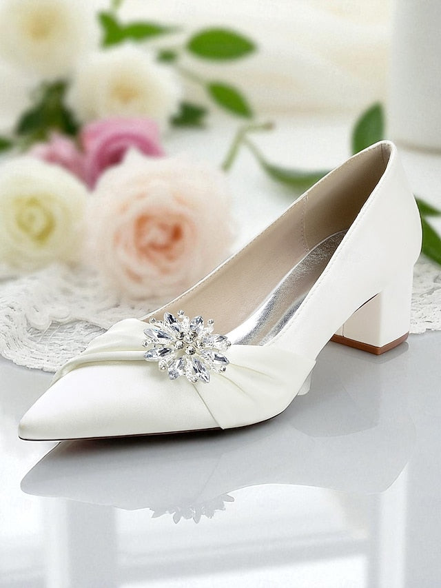 Block White Pumps Women's with Crystal Heel Low