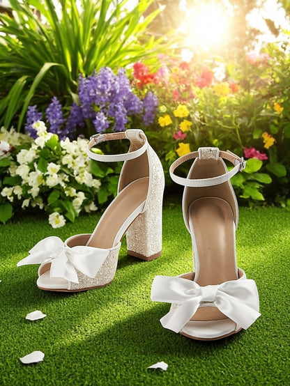 White Block Ankle Heel Sandals Glitter Women's Wedding with