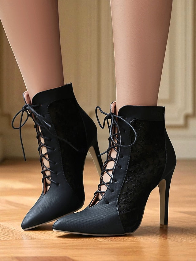 Stiletto Ankle Heels Mesh Women's Booties White Lace with