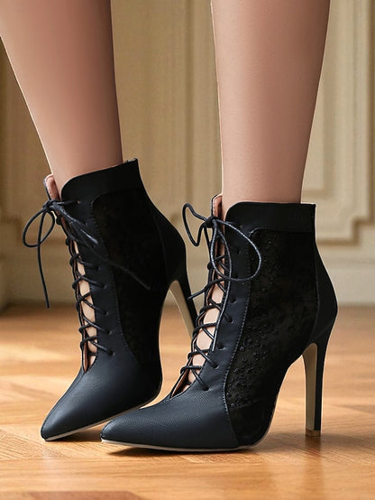 Stiletto Ankle Heels Mesh Women's Booties White Lace with