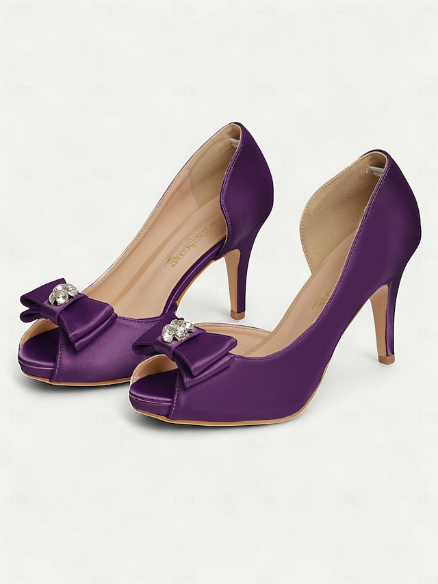 Champagne Satin Bow Women's Peep and Toe Heels with