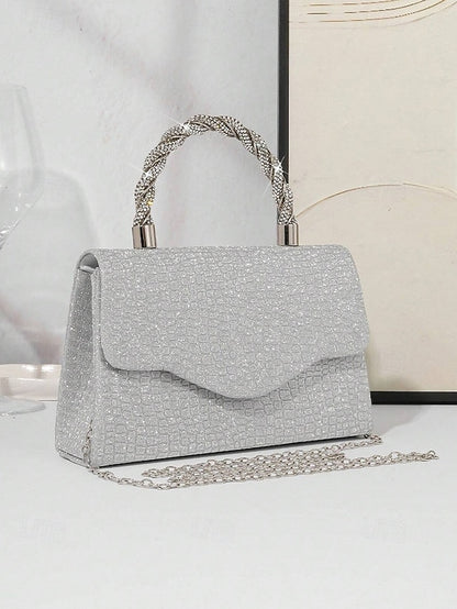Handle Handbag with Glitter Rhinestone Women's Silver –