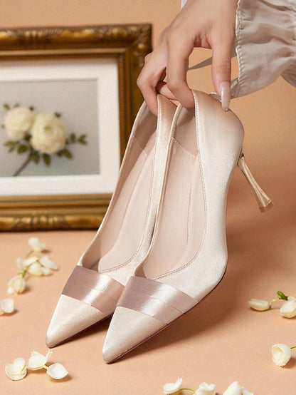 Women's Toe Pumps Dress Pointed Heel Satin - High Champagne