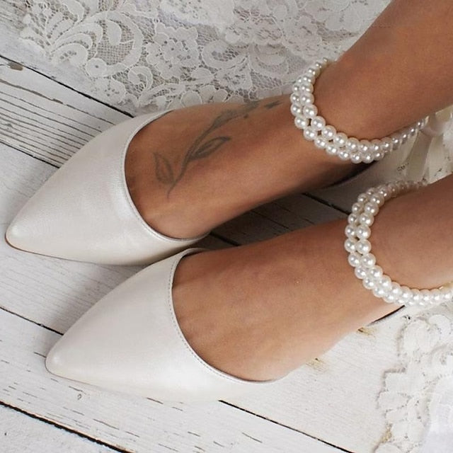 – Elegant Strap Bridal Ankle Flats White Women's Pearl