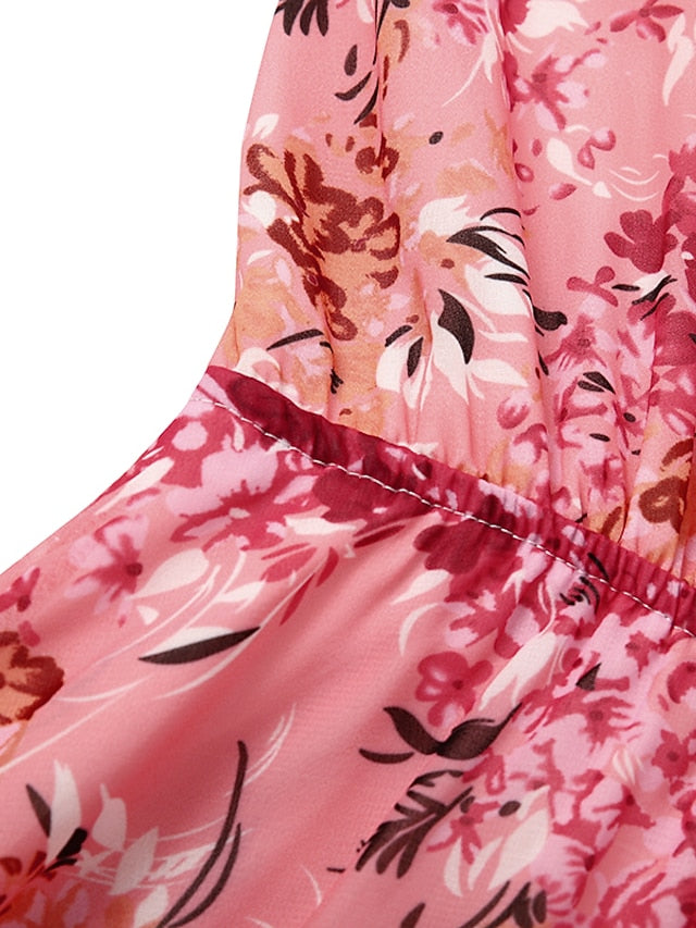 Women's Swing Dress Maxi long Dress Pink Long Sleeve Floral