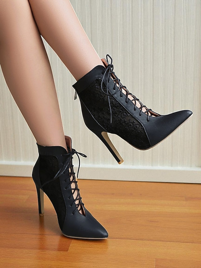 Stiletto Ankle Heels Mesh Women's Booties White Lace with
