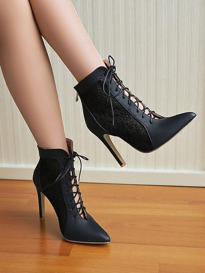 Stiletto Ankle Heels Mesh Women's Booties White Lace with