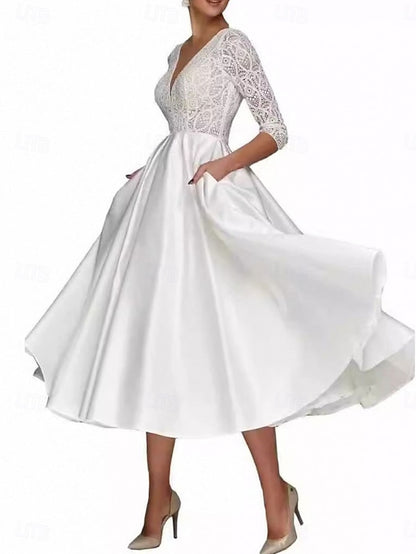 A-Line Tea Mother Elegant the Bride Neck V Dress of Simple
