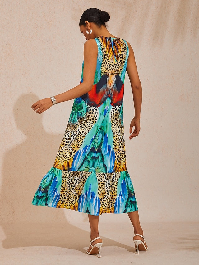 Vacation Jungle Print Satin Maxi Dress