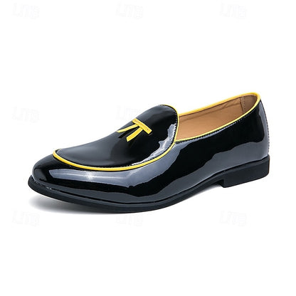 Leather Black Men's Patent Yellow Trim Loafers Faux with