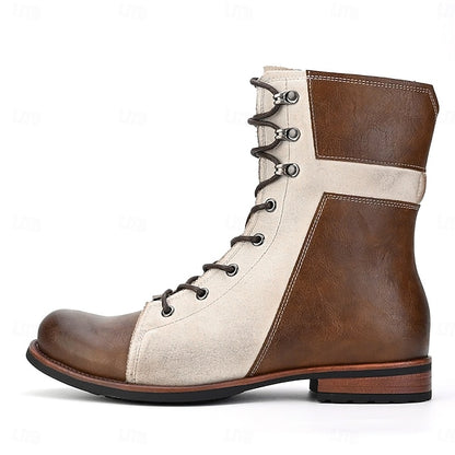 Men's Mid-Calf Vintage Lace-Up Leather Faux Boots Two-Tone