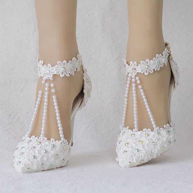 Wedding Shoes Heel Pointed High Women's Lace Bridal