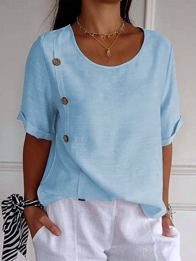 Women's Faux Cotton Linen Plain Basic Short Sleeve Crew