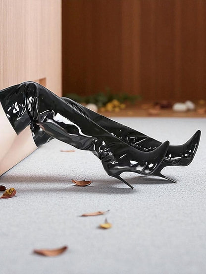 Patent Toe Over-the-Knee Leather Pointed Black Women's