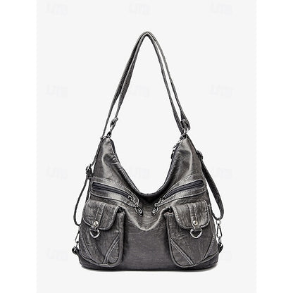 Brown Leather Women's Bag Multiple Faux Pockets with Hobo