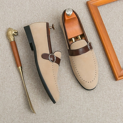 Men's Suede Brown Slip-On with Buckle Faux Strap Loafers
