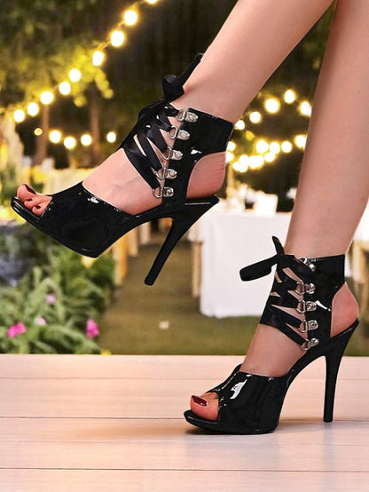 Black Patent Lace-Up Cutout Women's Sandals Sexy Stiletto -