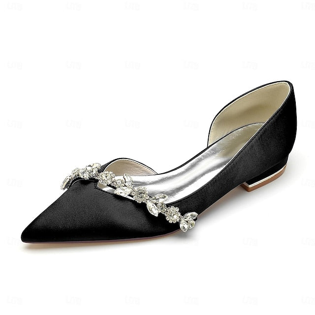 Toe White Shoes with Pointed Wedding Satin Flat and Crystal