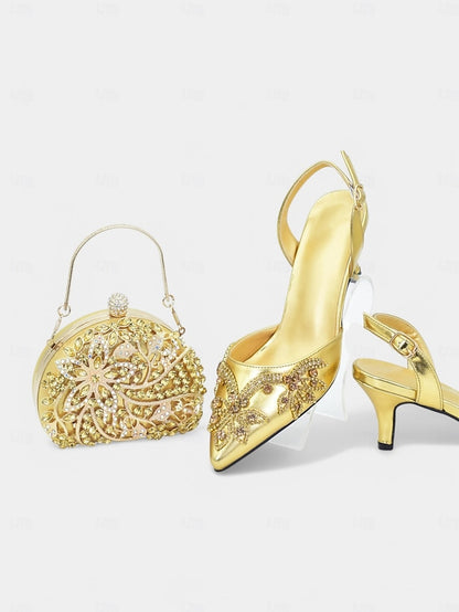 Gold Heels Matching with Embellished Slingback Handbag –