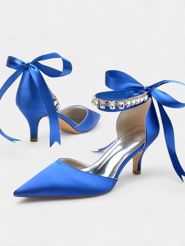 Strap Blue Heels Satin with Ankle Rhinestone and Pointed-Kitten