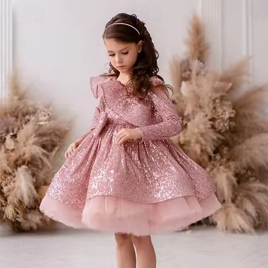 Long Color Sleeve Kids Solid Party Girls' Performance Dress