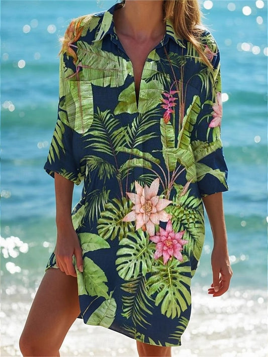Women's Beach Cover-Up Long Sleeve V-Neck Marine Print