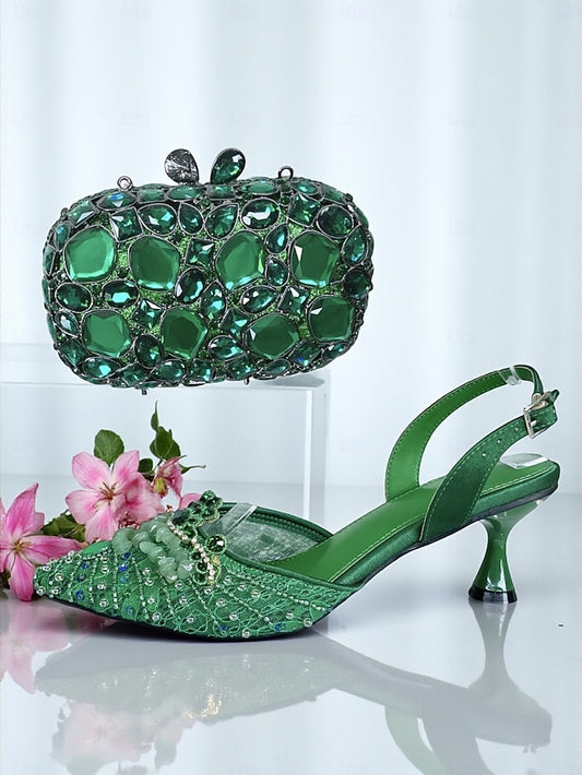 Rhinestone Set Shoes Green Bag - Clutch Heel Women's and