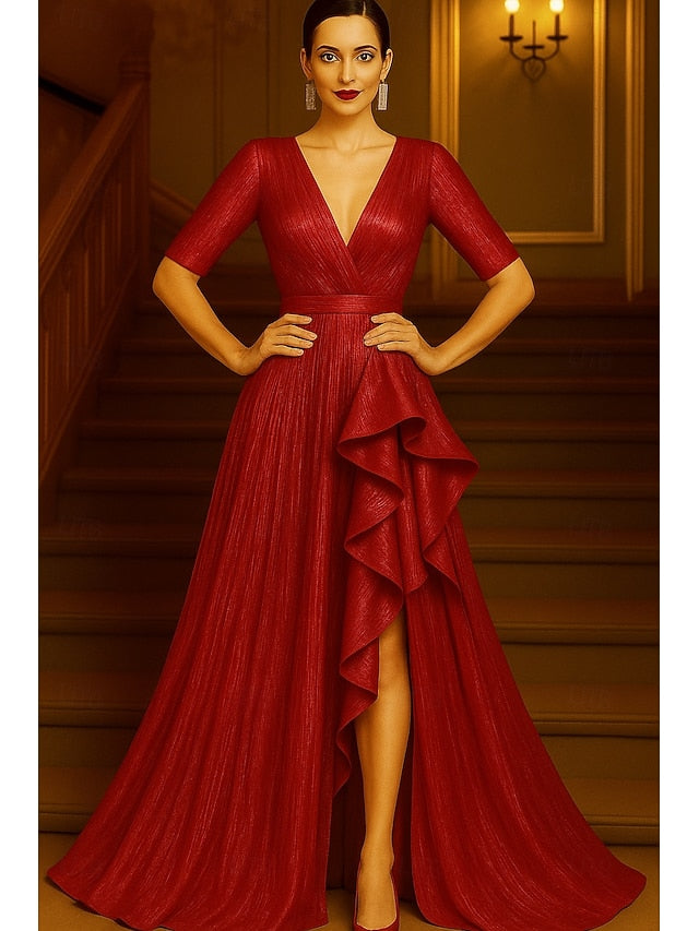 Black Evening Formal Elegant A-Line Red Gown Dress